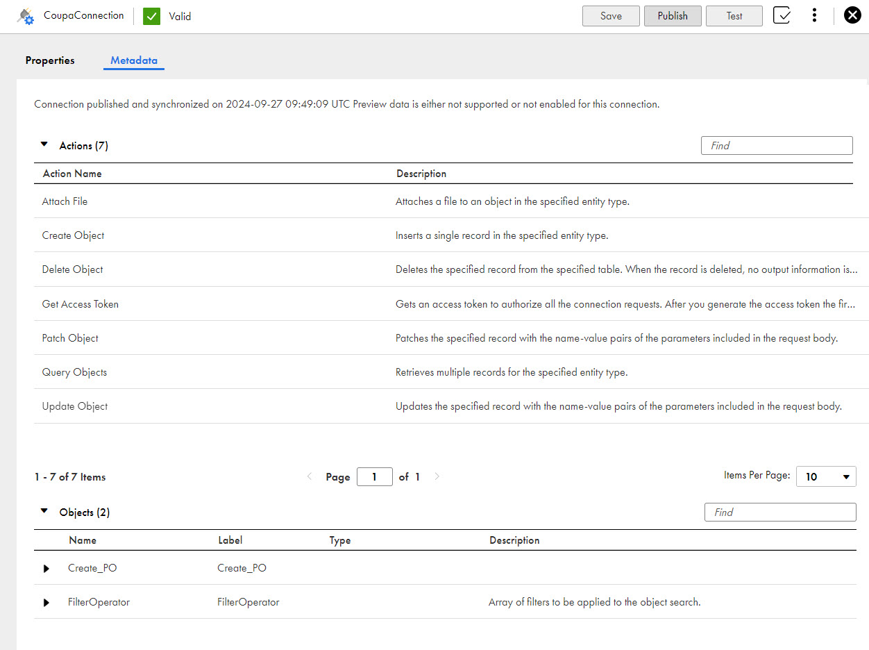 The image shows the Metadata tab for a published Coupa connection.