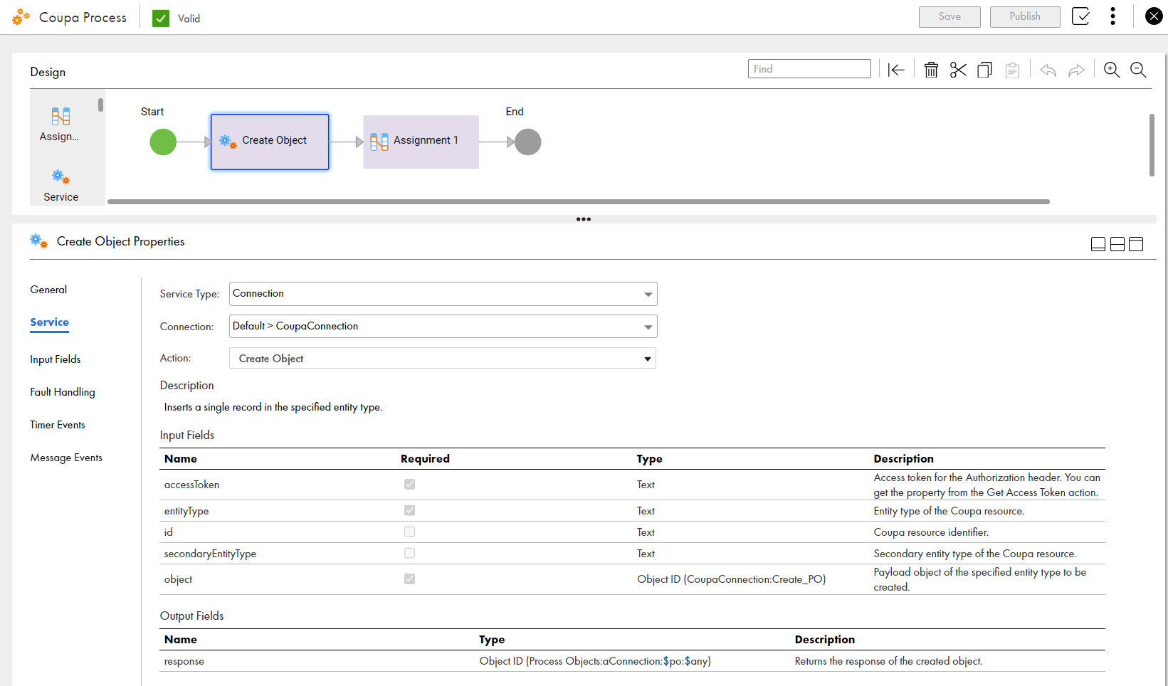 The image shows the Create Object action that is used to insert a single record in the specified entity type.