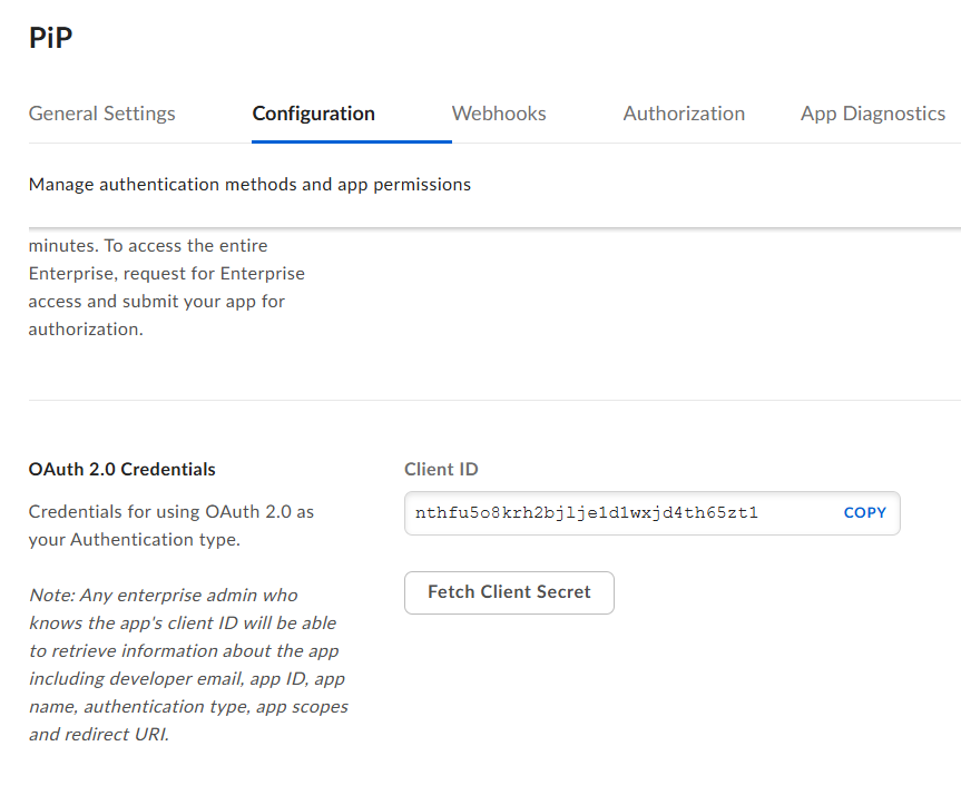 This image shows the client ID and client secret fields for the Box custom app.
