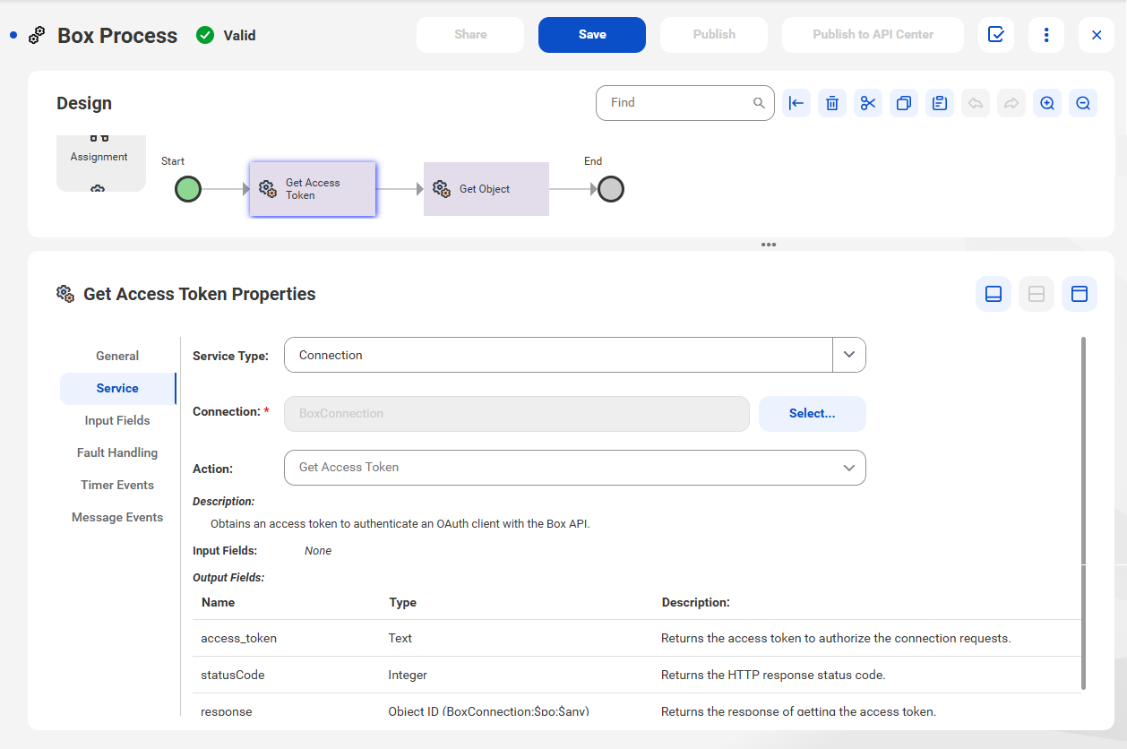 The image shows the Get Access Token action that is used in a process to obtain an access token to authenticate an OAuth client with the Box API.