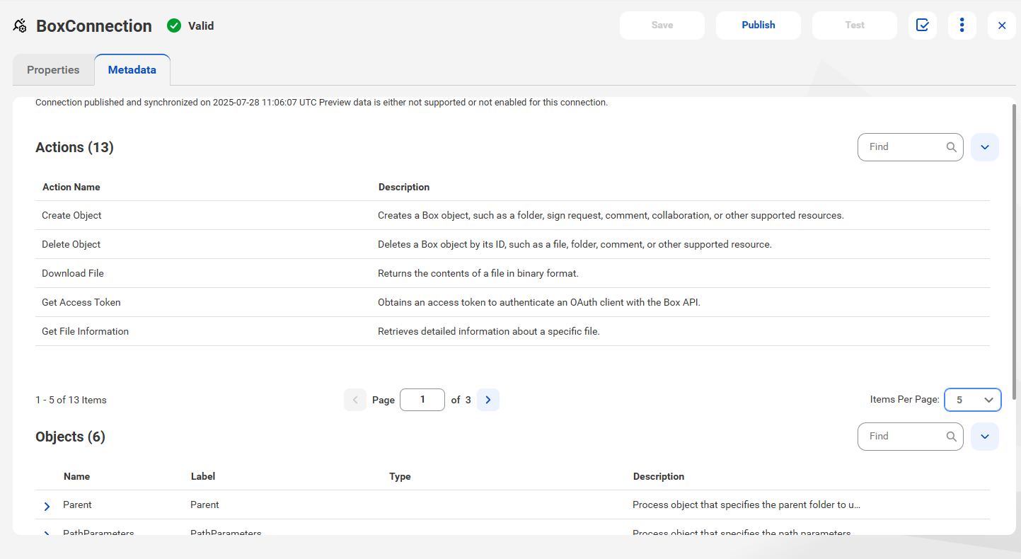 The image shows the Metadata tab for a published Box connection.