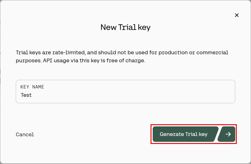 The image shows an option to enter the key name and generate the trial key.