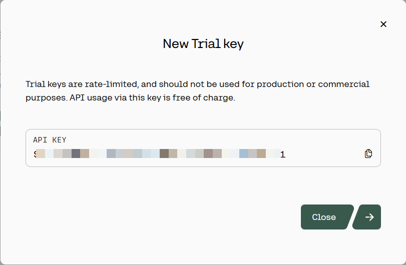 The image shows the generated API key. The image shows the generated API key.
