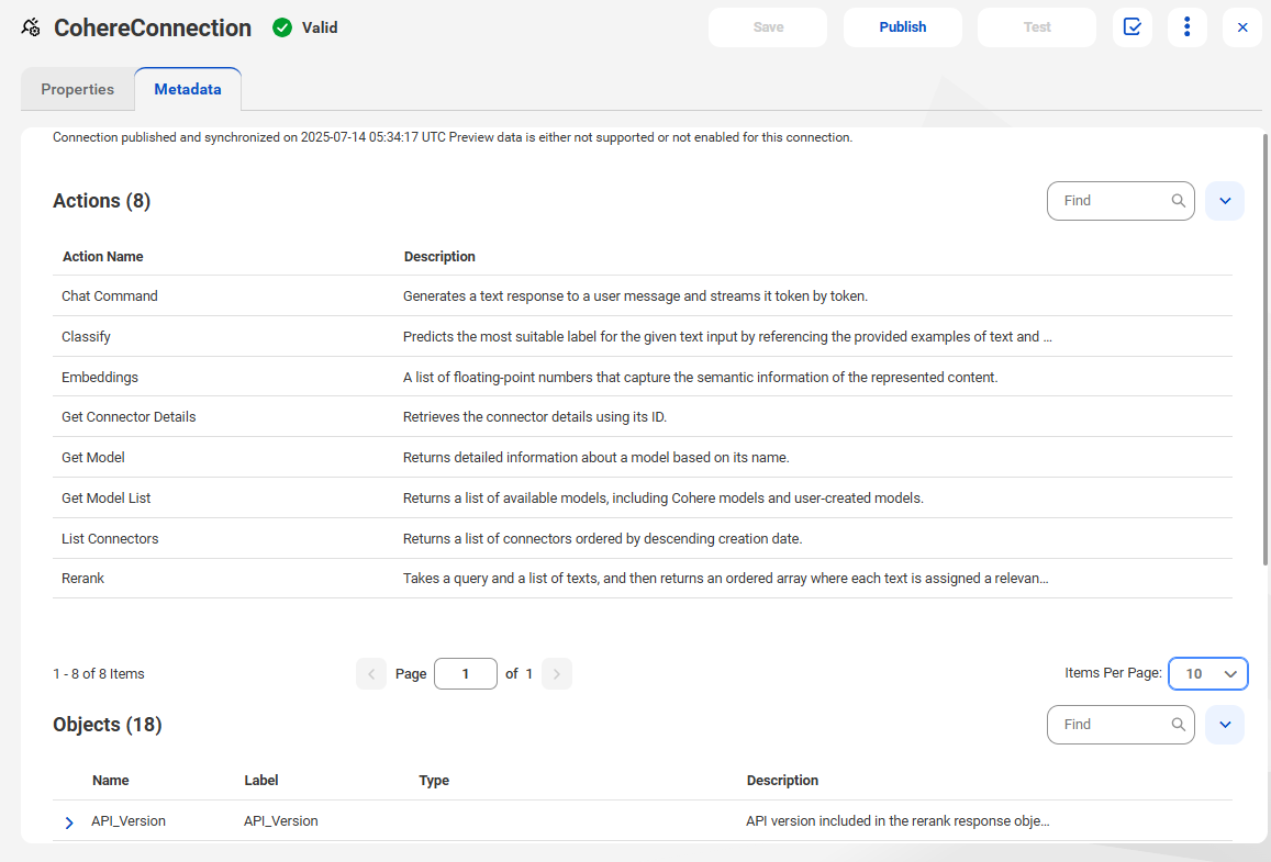 The image shows the Metadata tab for a published Cohere connection.