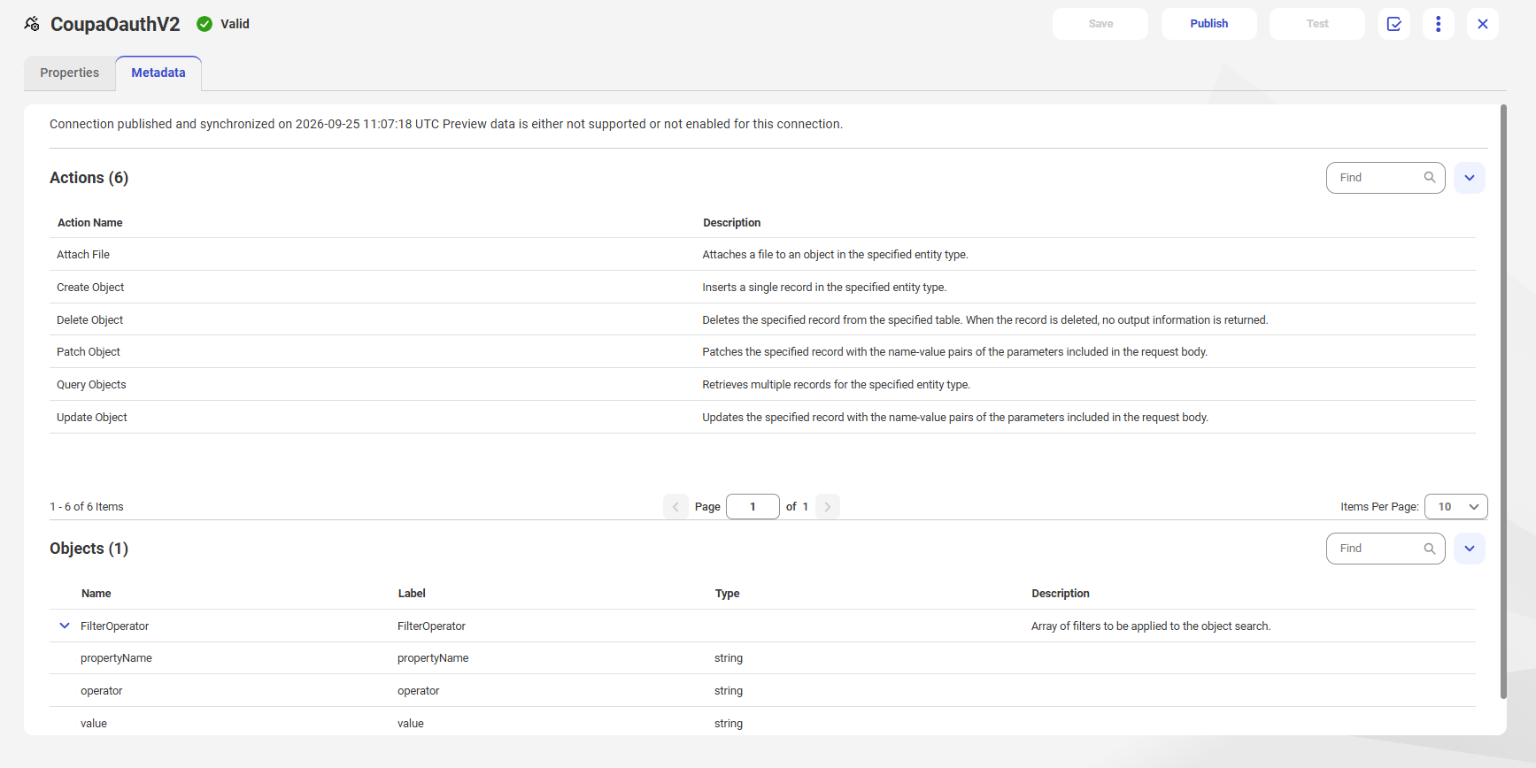 The image shows the Metadata tab for a published Coupa OAuth V2 connection.