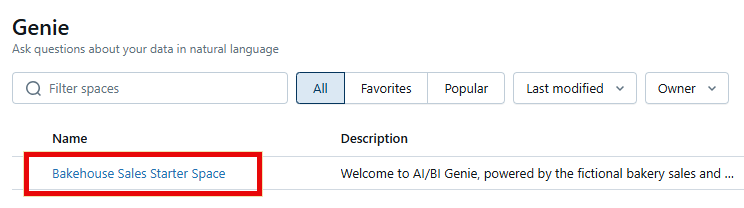 This image shows the Genie space with the list of available spaces.