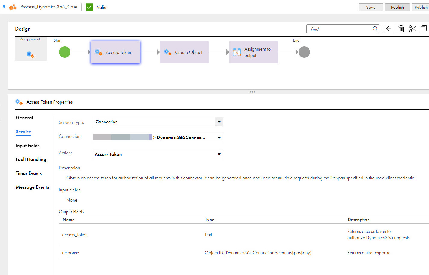 The image shows the Action Token object that is used in the process to authorize the Dynamics 365 requests and other connection requests.