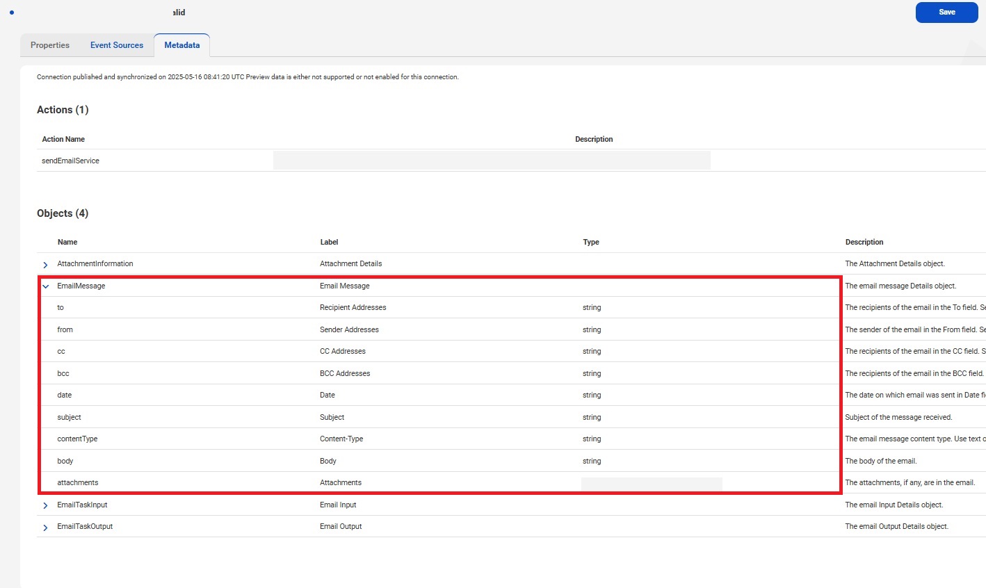 The EmailMessage object with the to, from, cc, bcc, date, subject, contentType, body, and attachments fields.