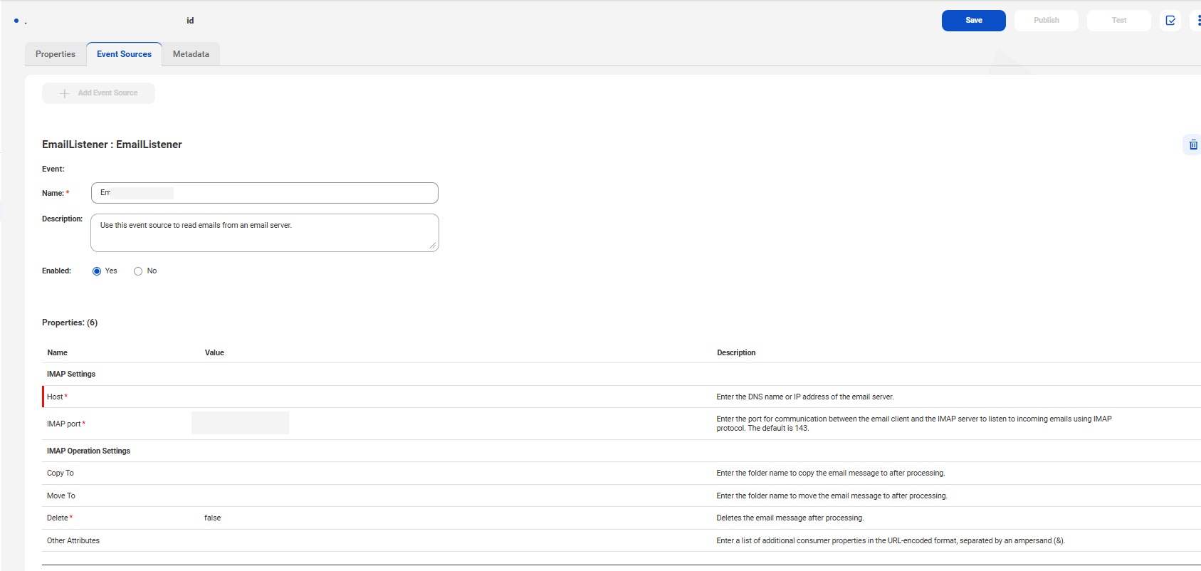 The list of event source properties you can configure in an Email connection.