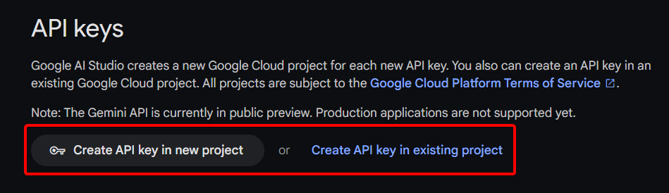 The following image shows the options to create an API key in the new project or an existing project.