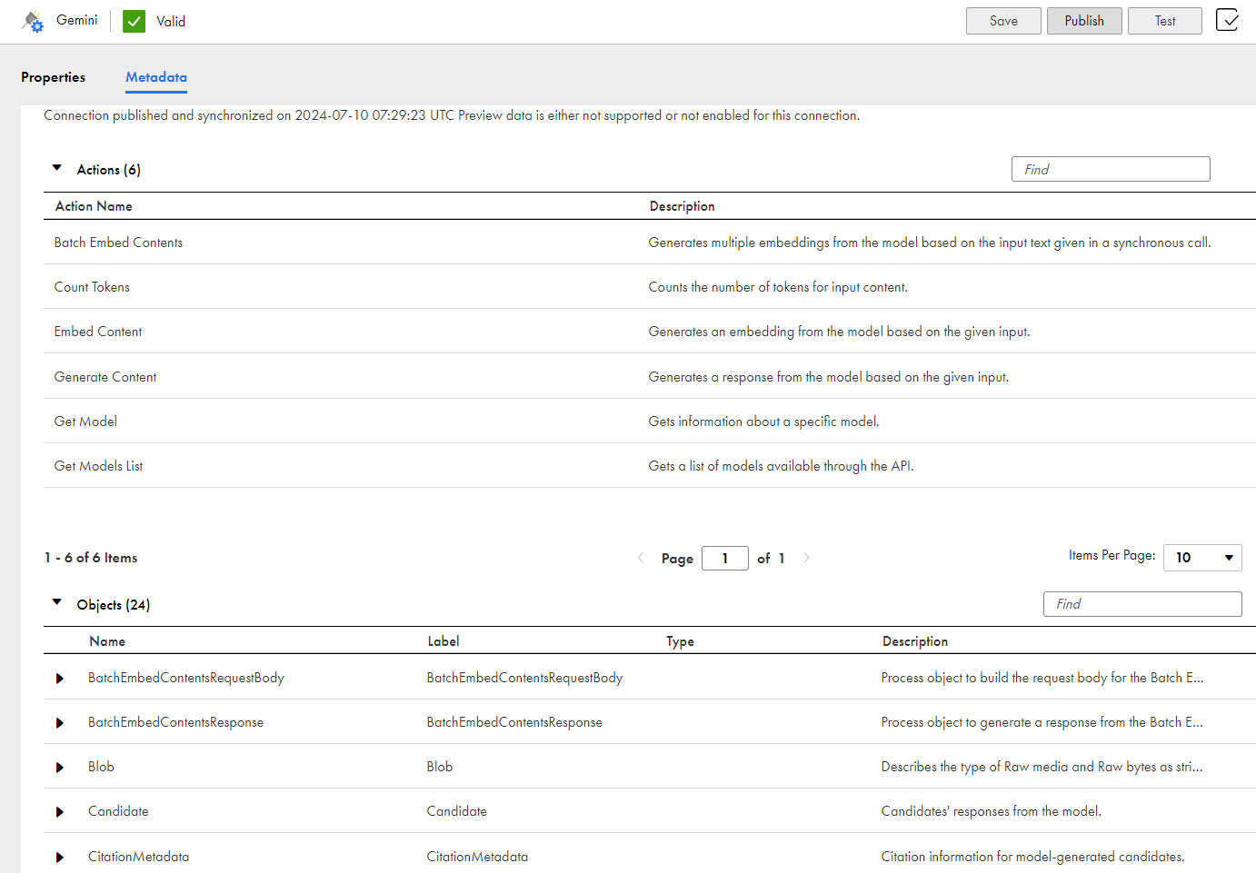 The image shows the Metadata tab for a published Gemini connection.