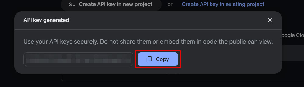 The image shows the Copy option to copy the API key.