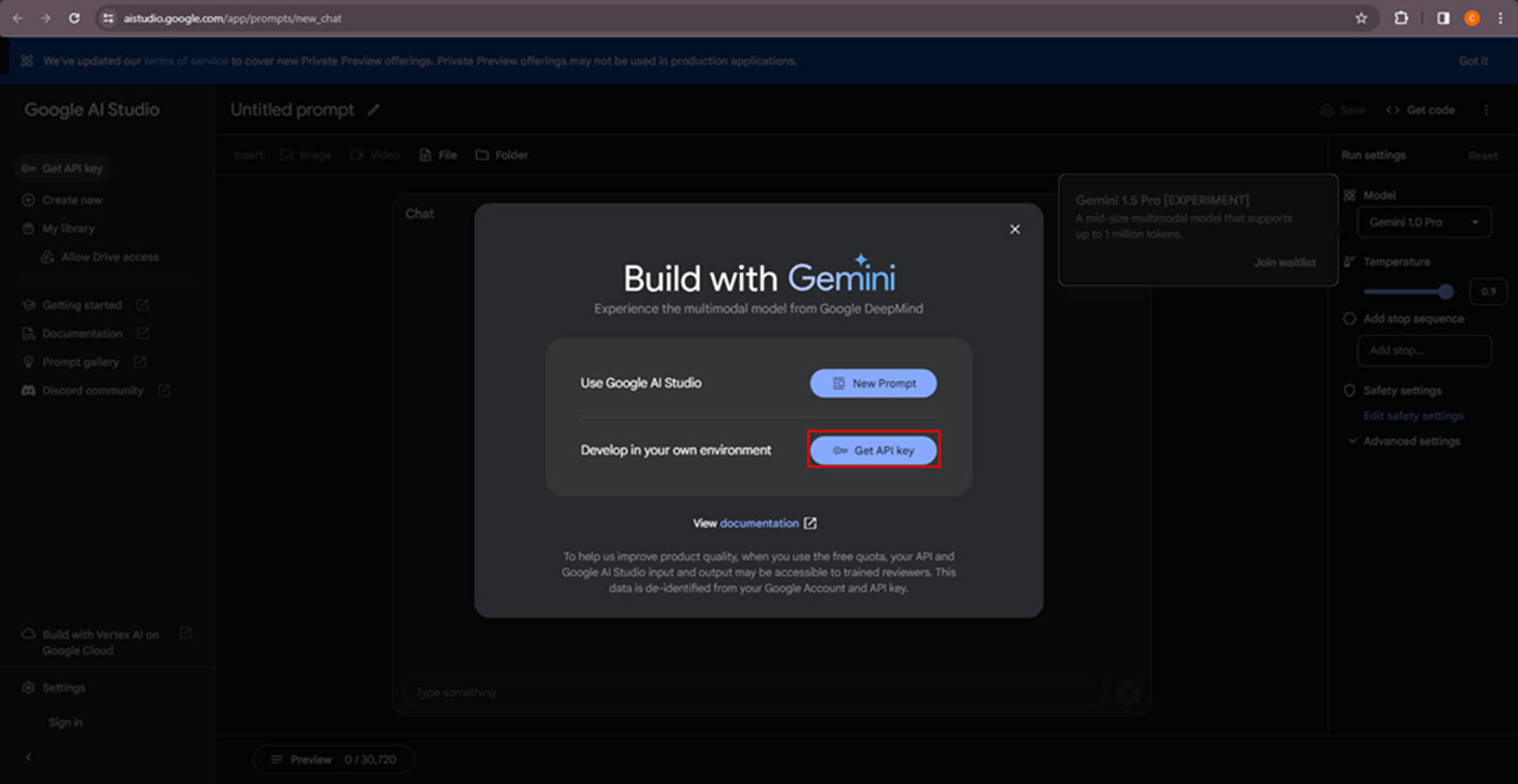 The image shows the Get API Key option on the Google AI Studio for the Gemini AI.