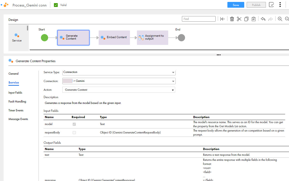 The image shows the Generate Content object that is used in a process to generate a response from the model based on the given input.