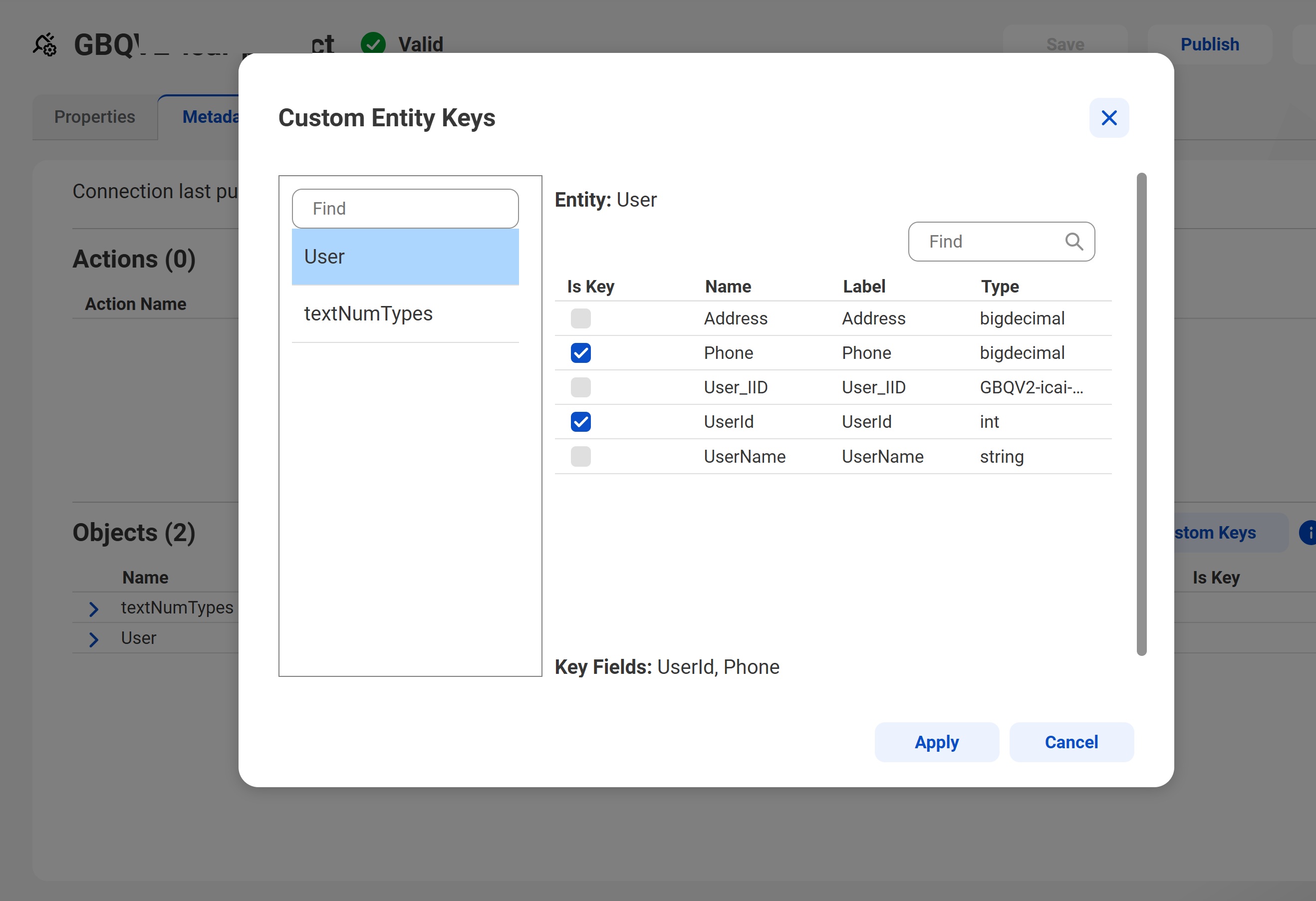 Select the required custom key for each entity.