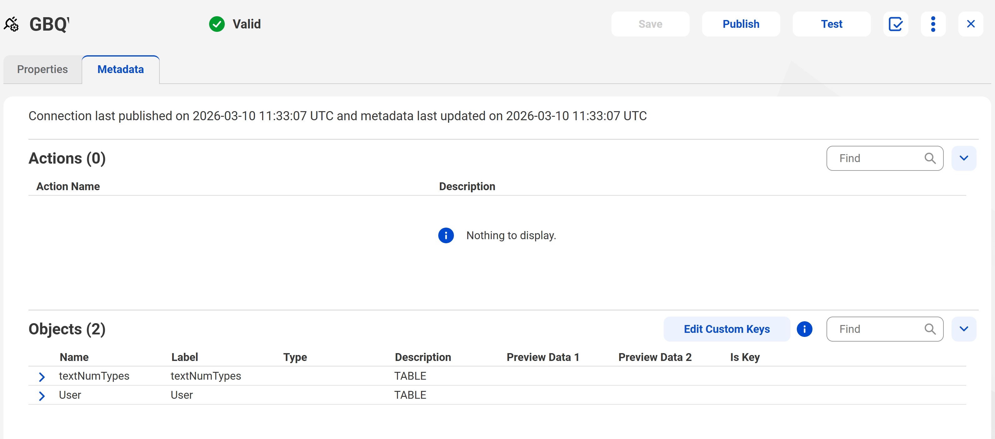 The image shows the Metadata tab for a published Google BigQuery V2 connection.