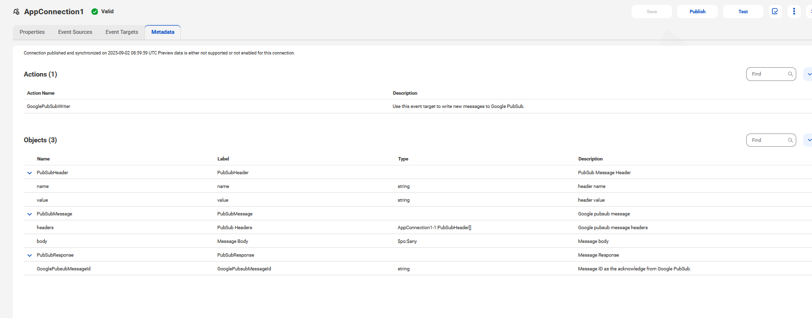 The Metadata tab of the connection page shows an Actions section with GooglePubSubWriter and an Objects section listing PubSubHeader, PubSubMessage, and PubSubResponse with their attribute names and descriptions.