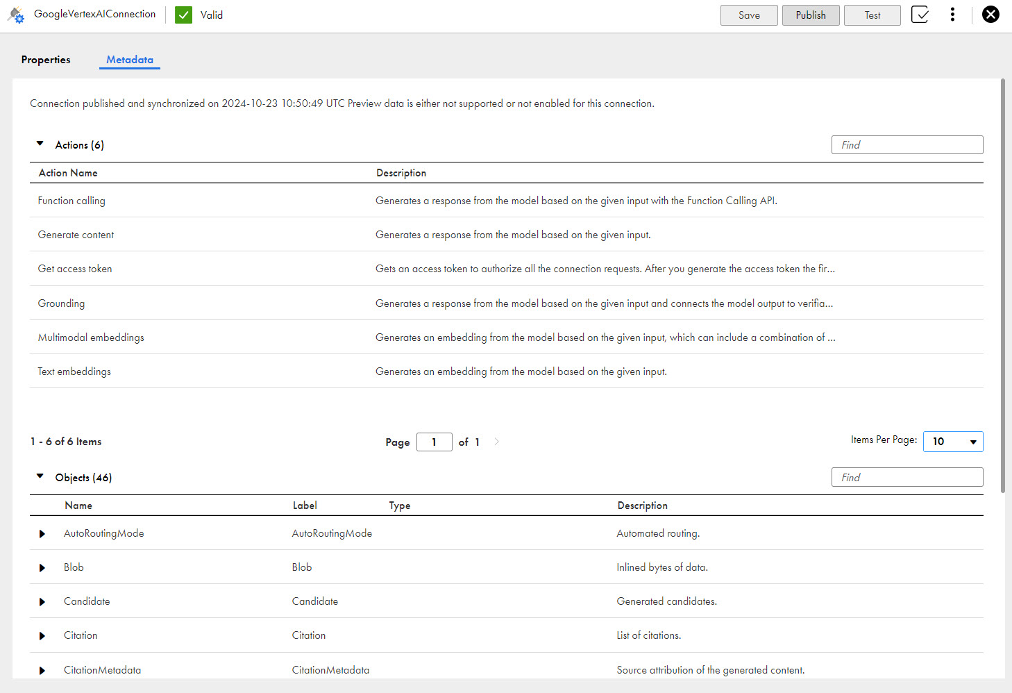 The image shows the Metadata tab for a published Google Vertex AI connection.