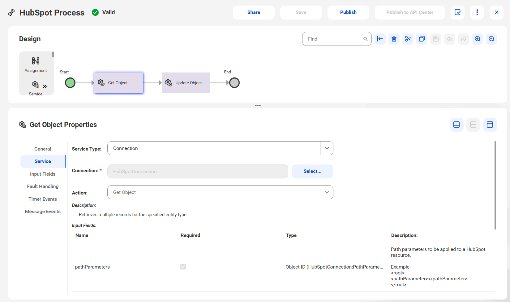 The image shows the Get Object action that is used in a process to retrieve multiple records for the specified entity type.