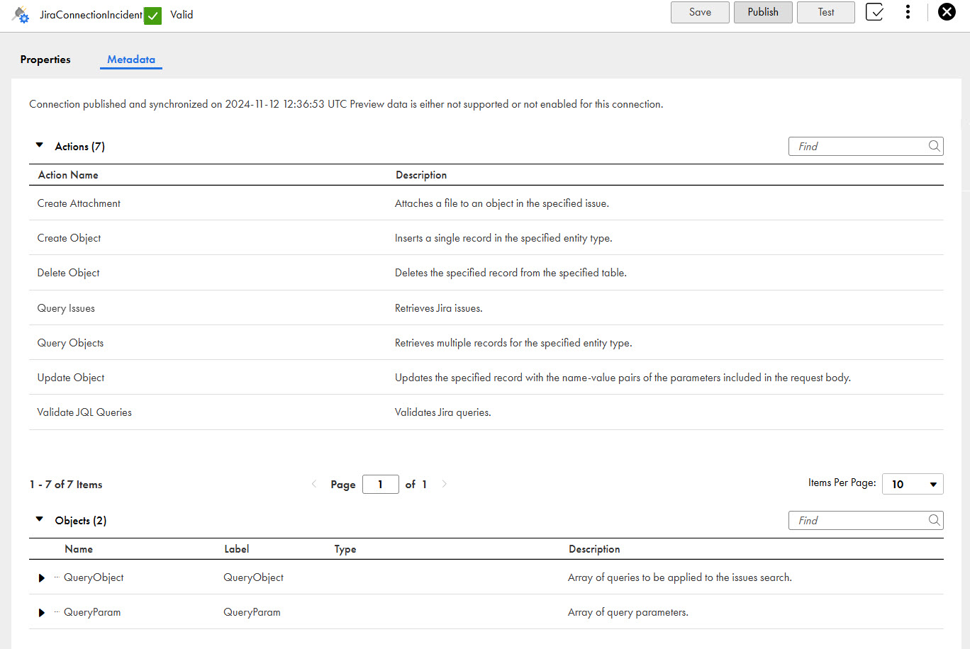 The image shows the Metadata tab for a published Jira connection.