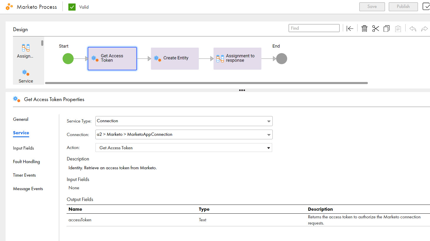 The image shows the Get Access Token action that is used in a process to return an access token to authorize the Marketo connection requests.