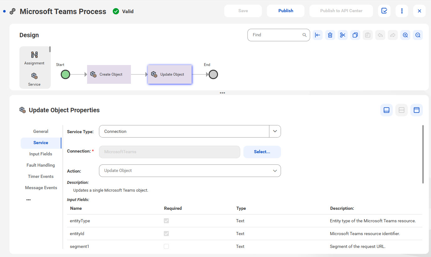 The image shows the Update Object action that is used in a process to update a single Microsoft Teams object.