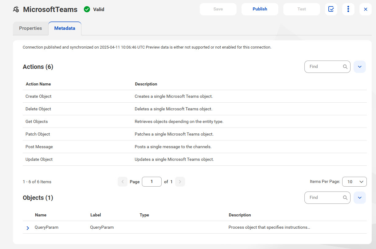The image shows the Metadata tab for a published Microsoft Teams connection.