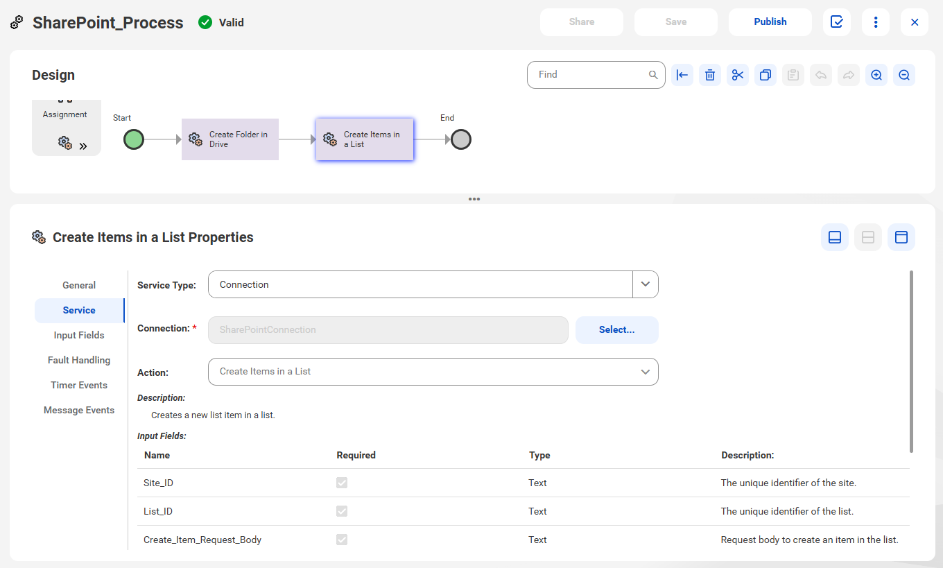 The image shows the Create Items in a List action that is used in a process to create a new item in a list.