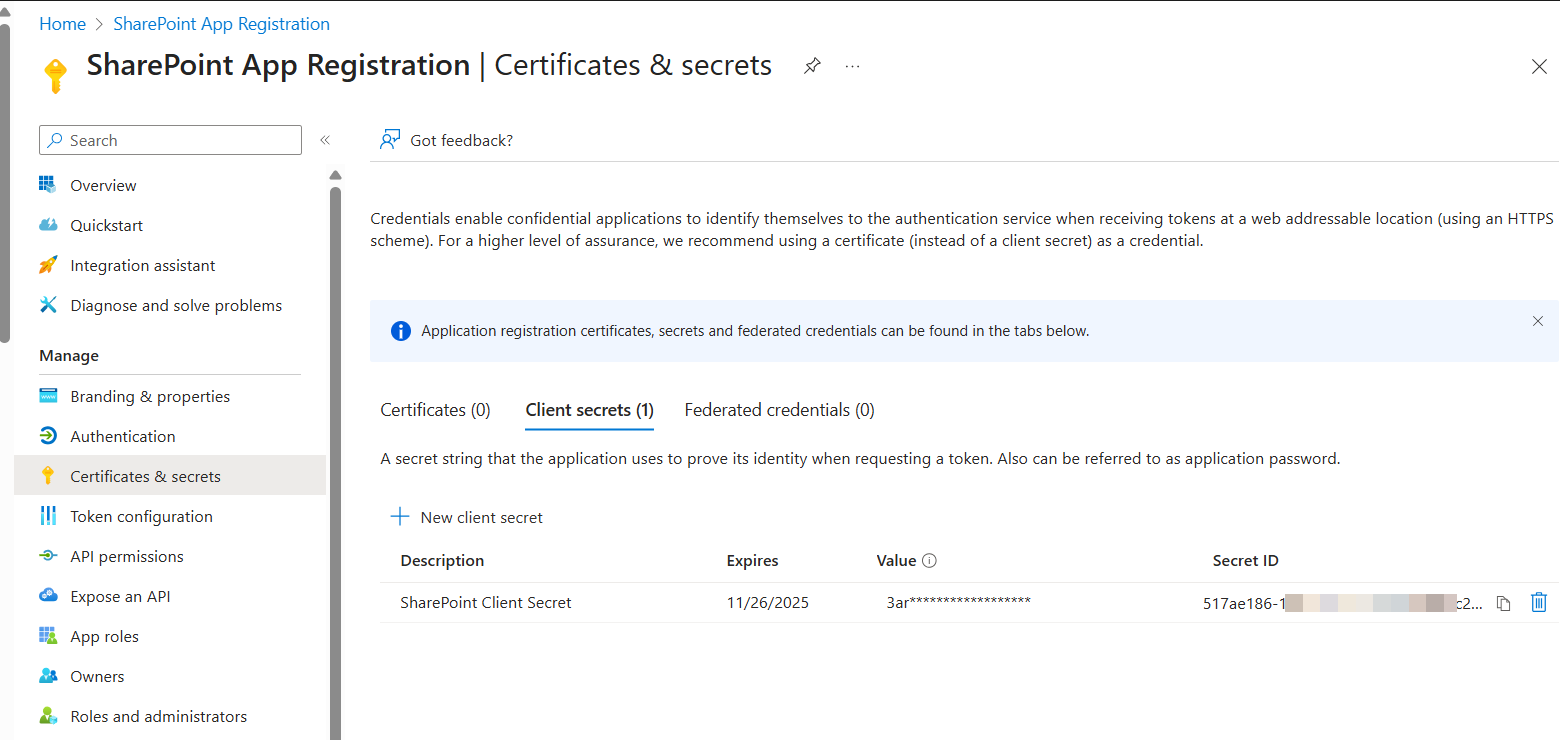 The image shows the Client secrets section.