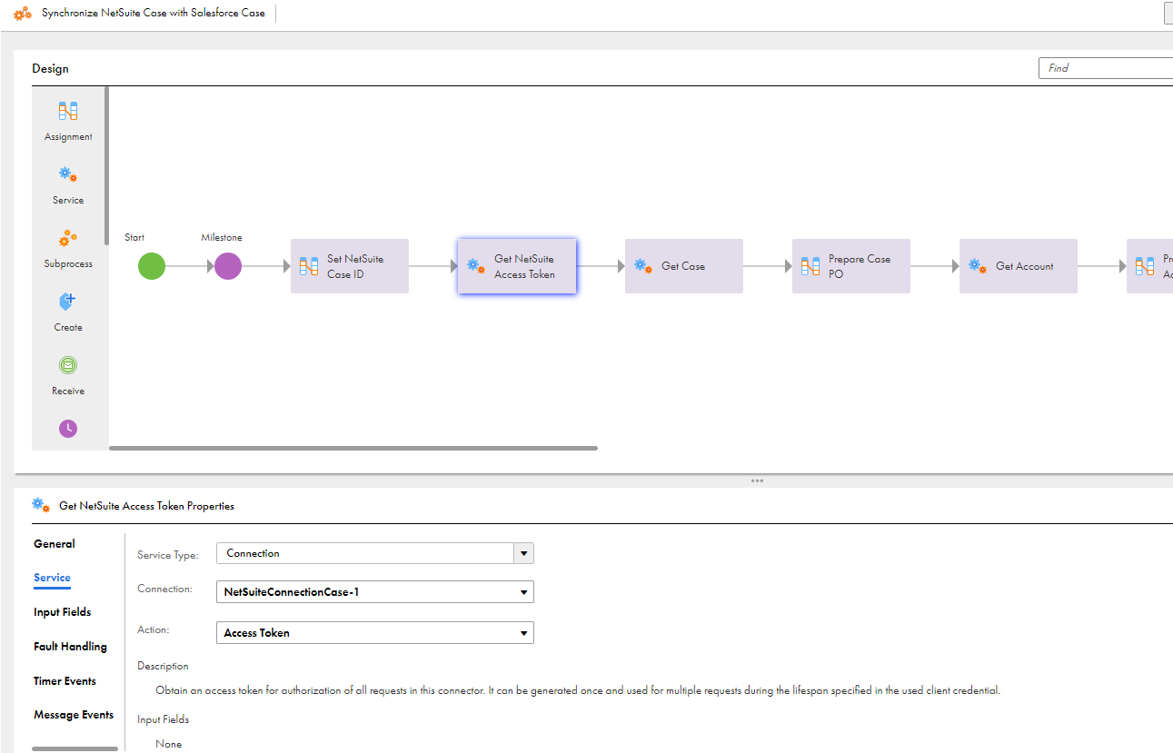 The image shows the Acess Token selected from the Action list to authorize the NetSuite REST requests.