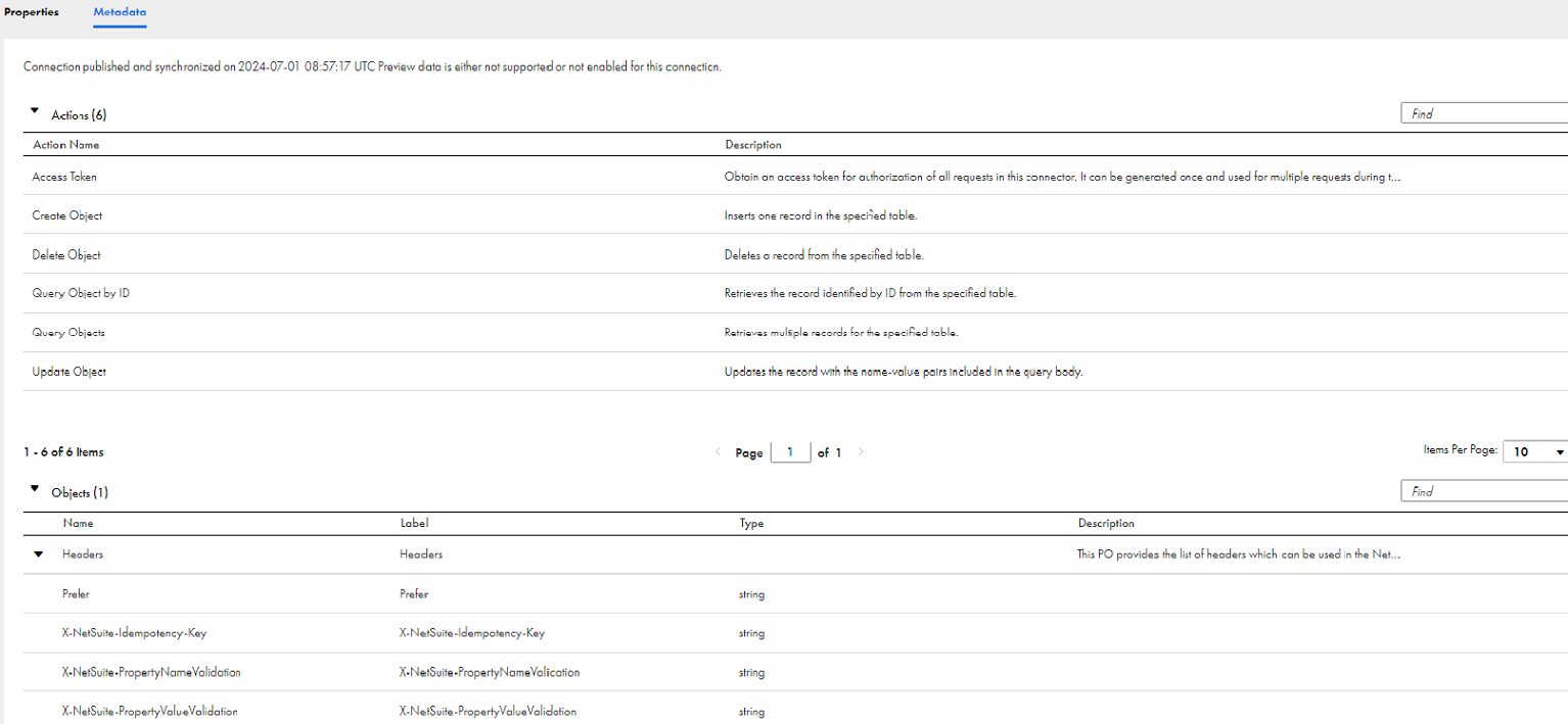 The image shows the Metadata tab details for a published NetSuite connection.