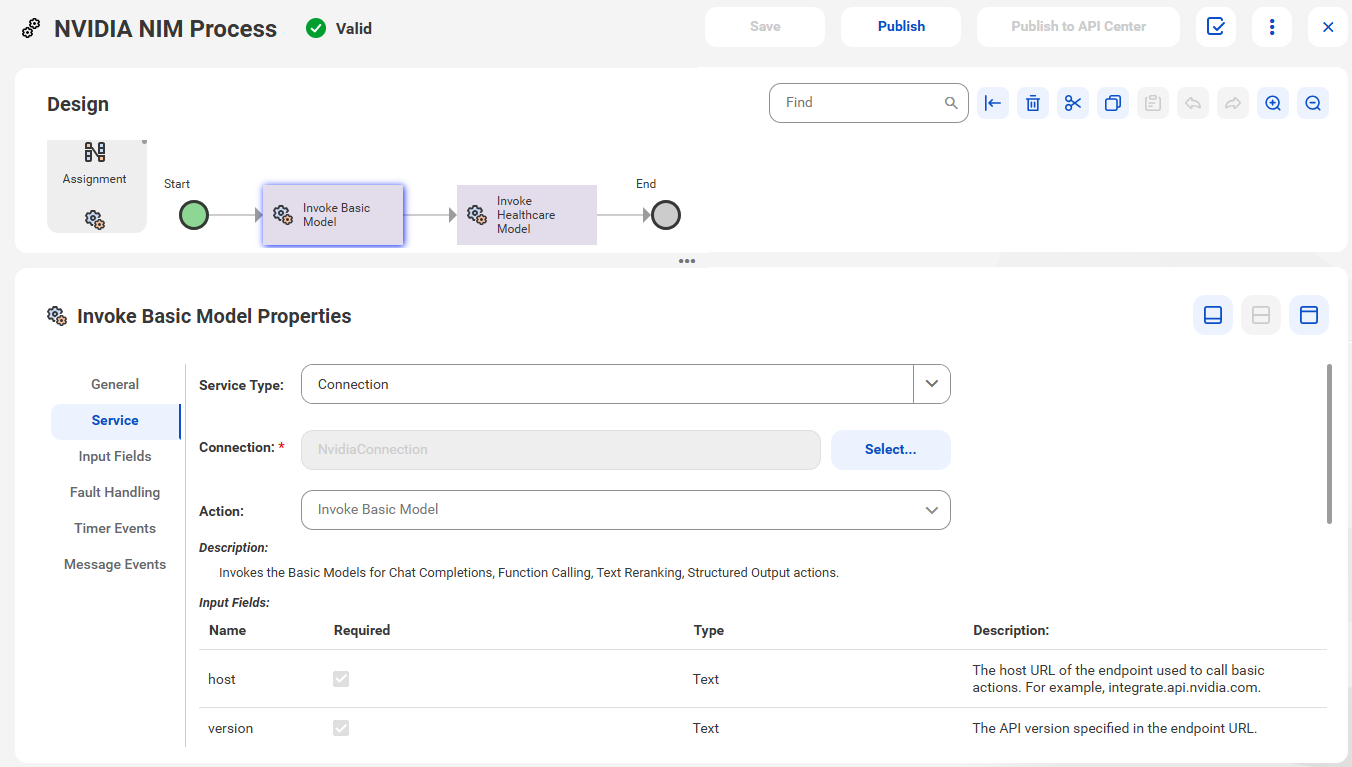 The image shows the Invoke Basic Model action that is used in a process to invoke the basic models for chat completions, function calling, text reranking, and structured output actions.