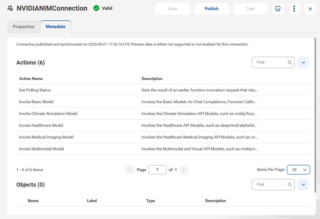 The image shows the Metadata tab for a published NVIDIA NIM connection.