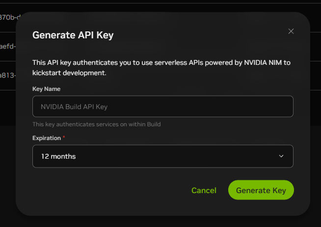 The image shows the Generate Key option on the Generate API Key dialog box.