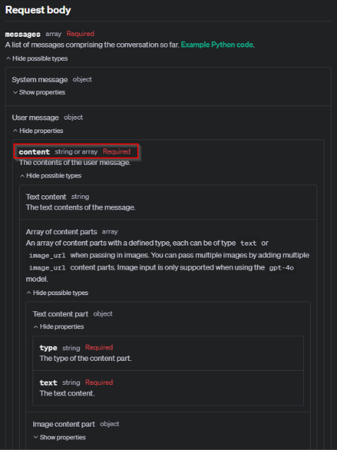This image sjows how to create a request body with content, tool_choice, and other fields with different data types, such as string or array or string or object.