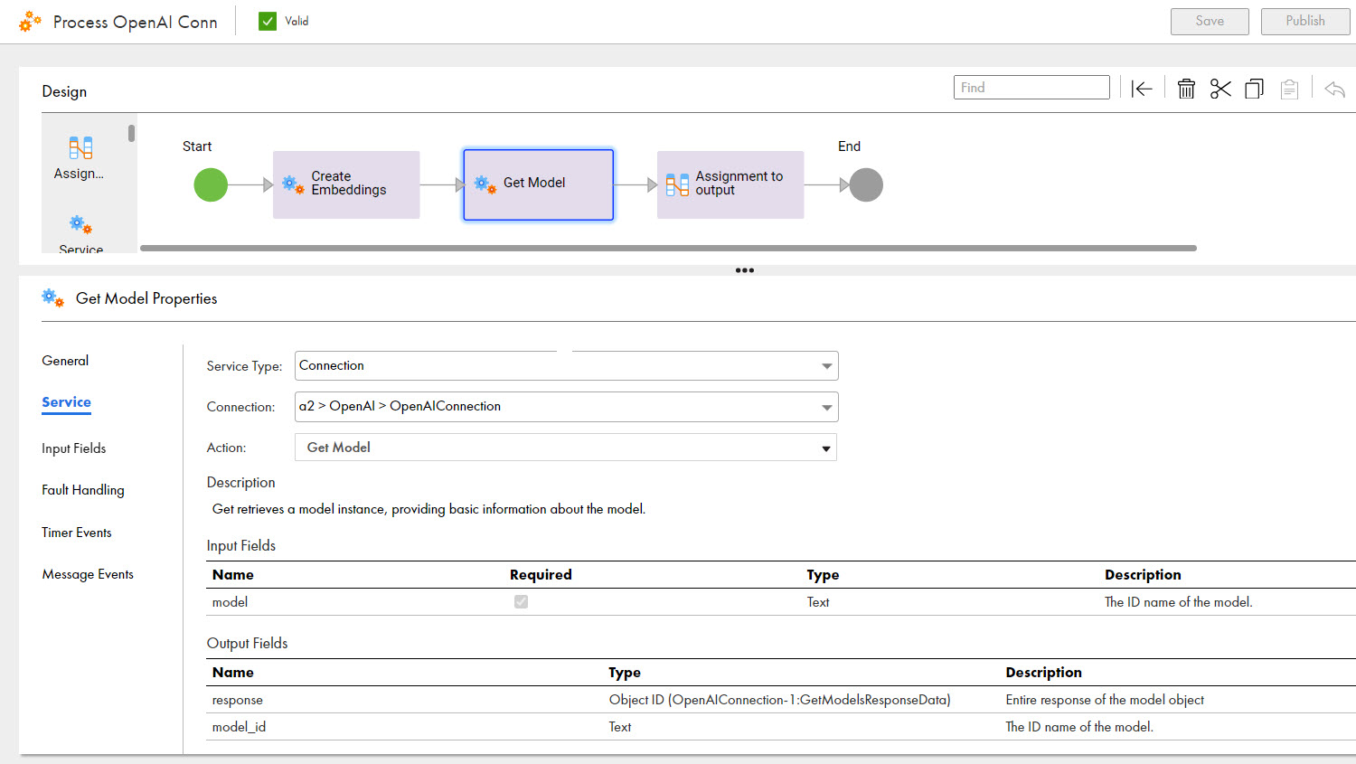 The image shows the Get Model object that is used in a process to retrieve a model instance that provides basic information about the model.