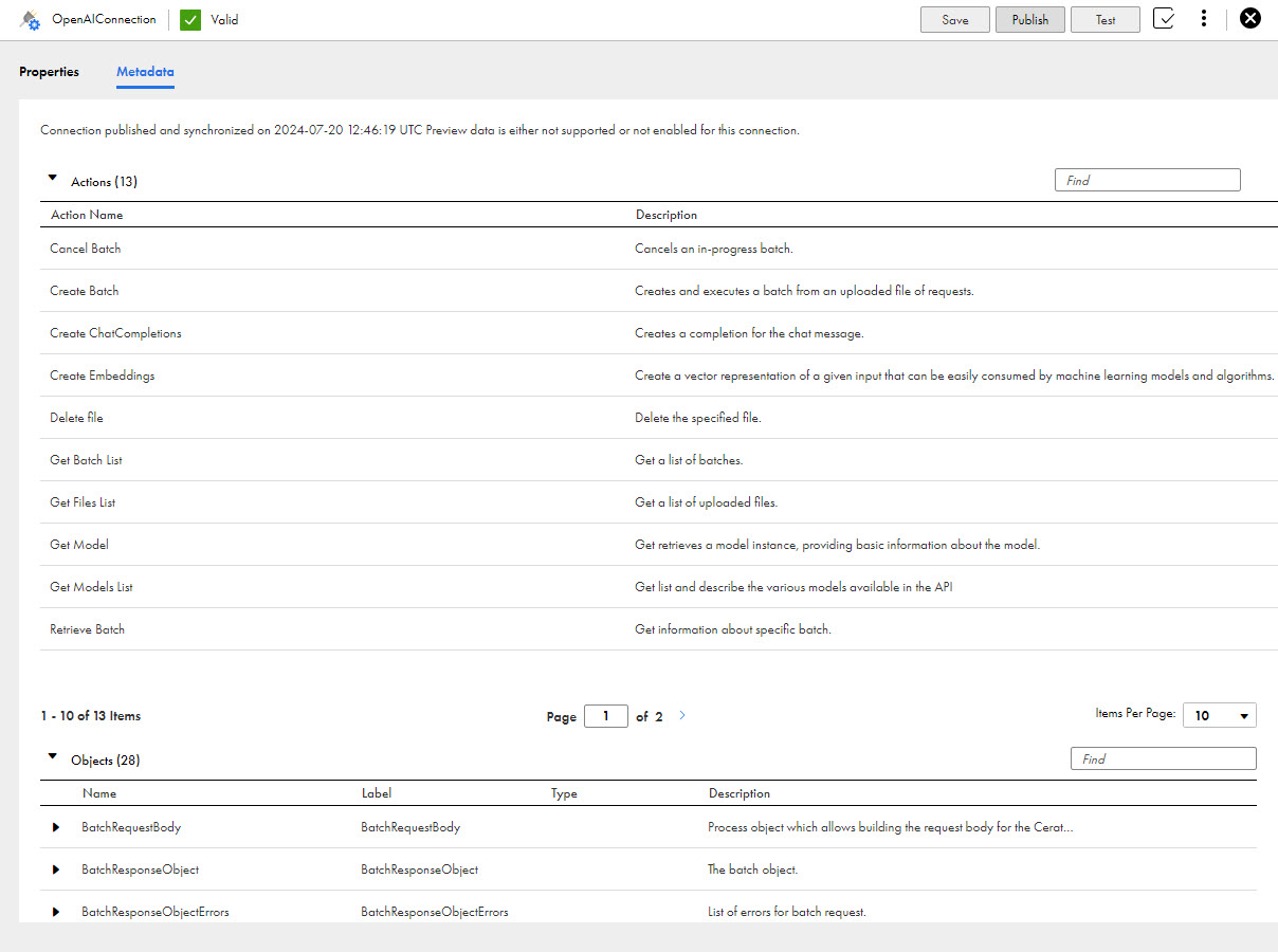 The image shows the Metadata tab for a published OpenAI connection.