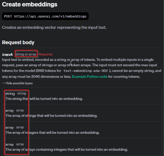 This image shows how to create a request body with an input field with different data types, such as string or array.