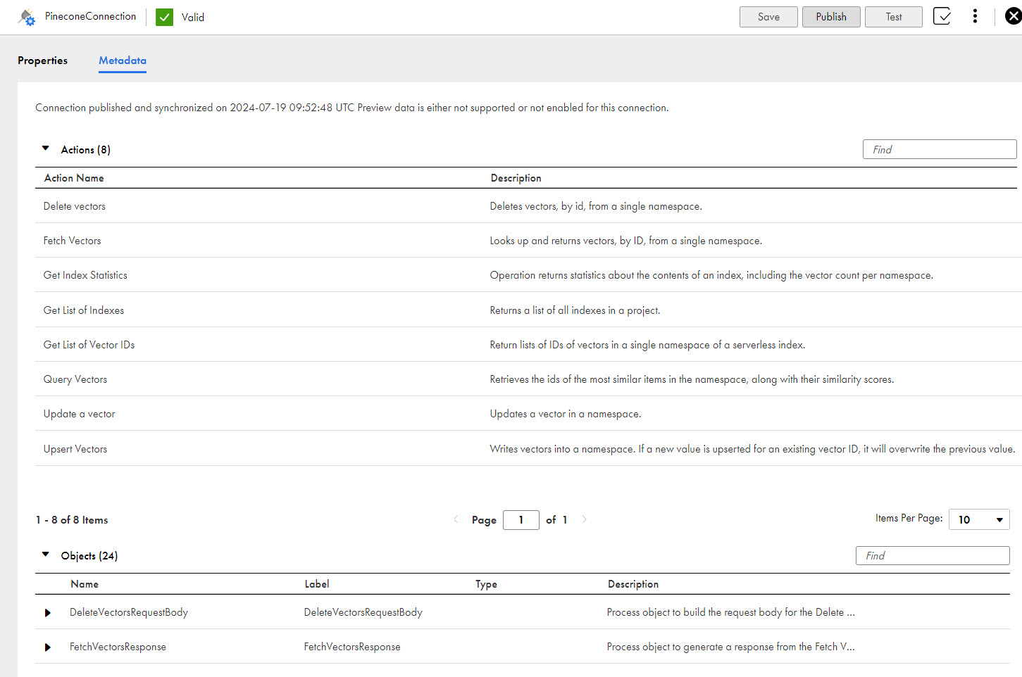 The image shows the Metadata tab for a published Pinecone connection.