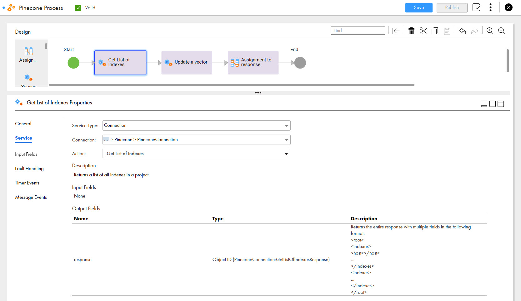 The image shows the Get List of Indexes action that is used in a process to return a list of all indexes in a project.