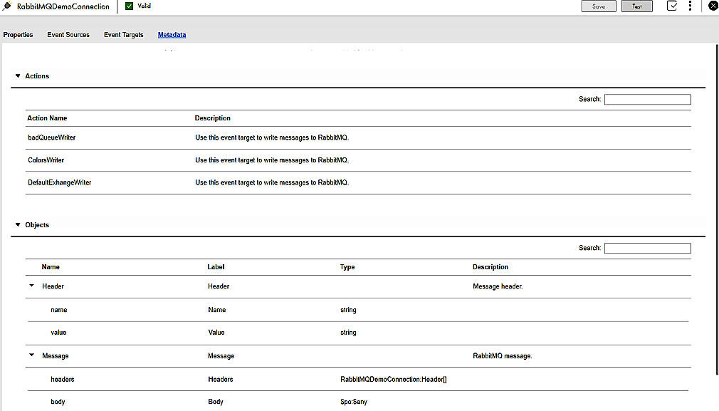 The image shows the Actions and Objects associated with the published RabbitMQ connection in the Metadata tab.