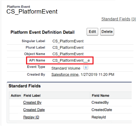 The image shows a Salesforce custom platform event named CS_Platform_e.