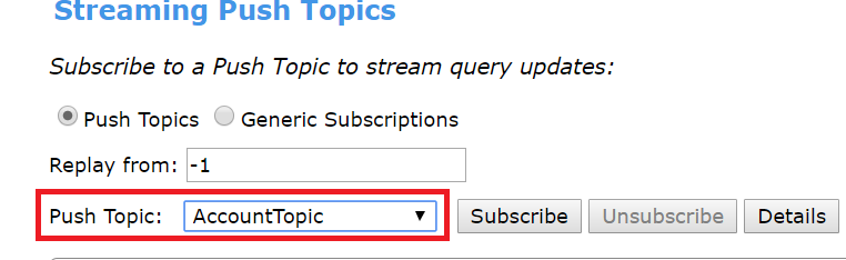 The image shows a PushTopic query named AccountTopic.