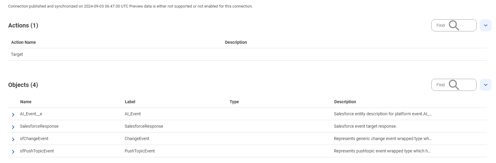 The image shows the Metadata tab for a published Salesforce Streaming Event coonection.