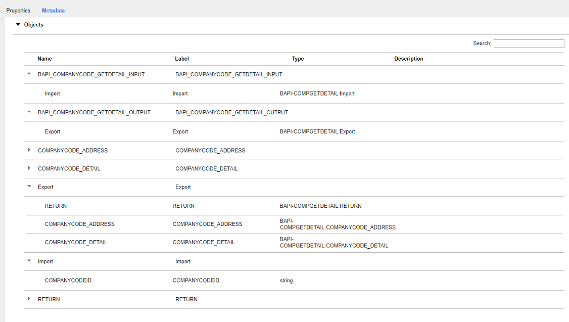 View the published metadata for the import, export, and table parameters for the BAPI function