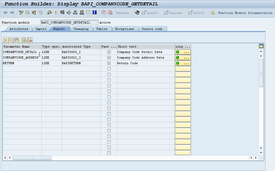 View the export parameters for the BAPI function