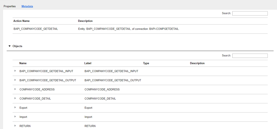 The image shows the published metadata of an SAP BAPI connection.