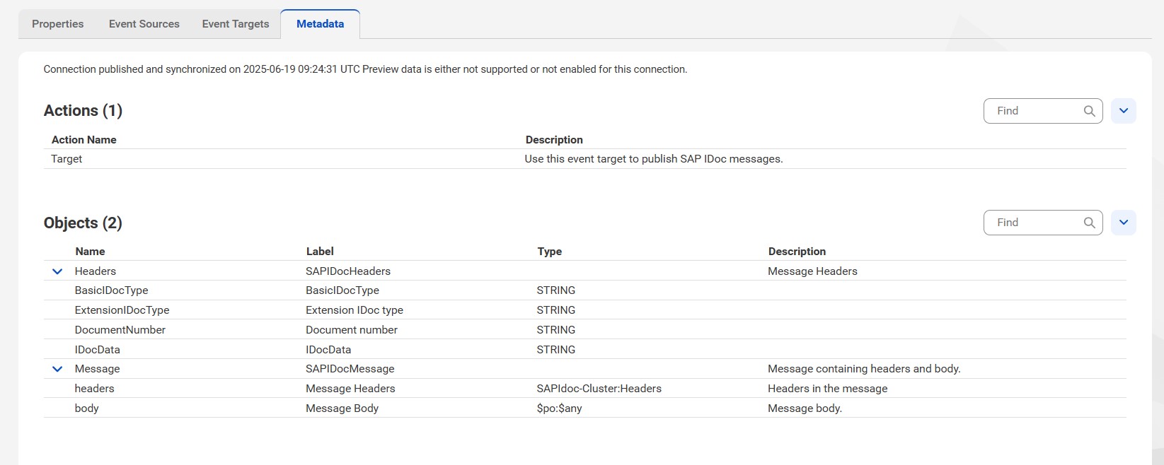 View the published metadata of an SAP IDoc connection