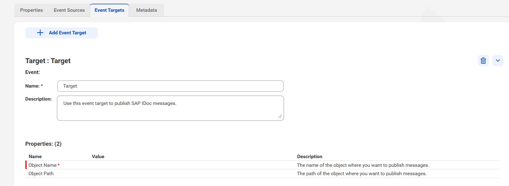 The list of event target properties you can configure in a SAP IDoc connection.