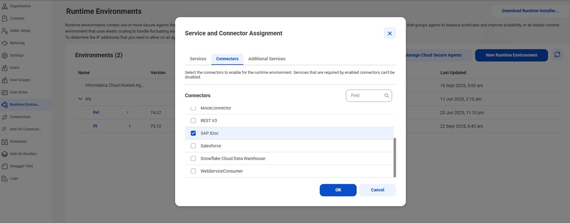Enable the SAP IDoc Connector when you configure the runtime environment.